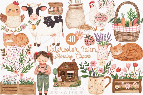 Download Watercolor Farm Morning Clipart Bundle - Art Collection