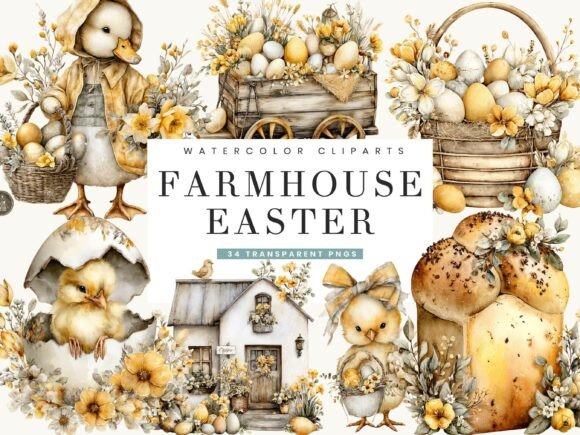 Download Watercolor Farmhouse Easter Clipart - Art Collection