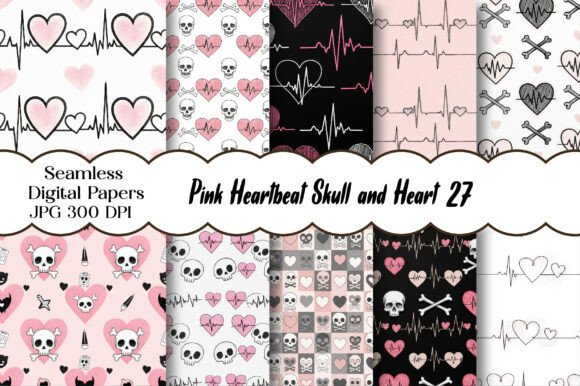 Download Pink Heartbeat Skull and Heart Pattern - Art Collection